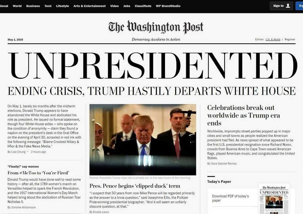 A screenshot of the online version of a satirical edition of The Washington Post distributed around Washington, D.C., by political activists Wednesday Washington Post